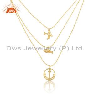 CZ Set Anchor Bird And Fish Charm Set Brass Gold Necklace BRAJNK0197BRZW