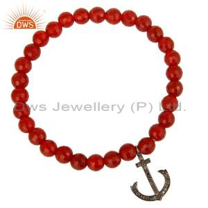 925 Sterling Silver Pave Diamond Anchor Sign Charms Carnelian Beads Bracelet DWSDB0352SLDICN