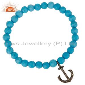 Turquoise Gemstone Stretch Bracelet With Pave Set Diamond Silver Anchor Charms DWSDB0352SLDITQ