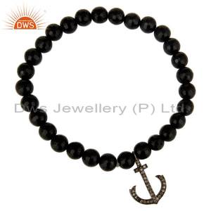 Black Onyx Beads Sterling Silver Pave Diamond Anchor Sign Charm Stretch Bracelet DWSDB0352SLDIXB