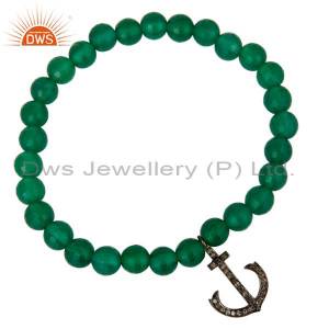 925 Sterling Silver Pave Diamond Anchor Charms Green Onyx Beads Stretch Bracelet DWSDB0352SLDIXG