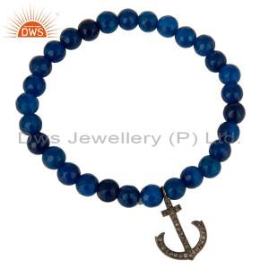Blue Onyx 925 Sterling Silver Pave Diamond Anchor Sign Charms Stretch Bracelet DWSDB0352SLDIXU