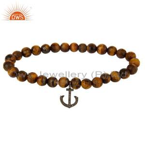 Tiger Eye Gemstone Sterling Silver Pave Diamond Anchor Stretch Bracelet DWSDB0352SLDIYT