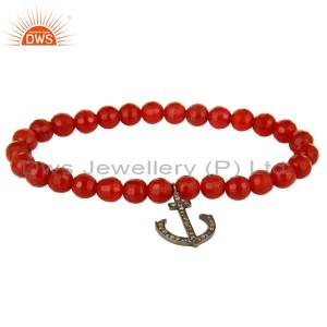 925 Sterling Silver Pave Diamond Anchor Sign Charms Carnelian Beads Bracelet DWSDB0352SLDICN