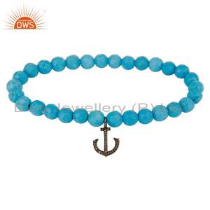 Turquoise Gemstone Stretch Bracelet With Pave Set Diamond Silver Anchor Charms DWSDB0352SLDITQ