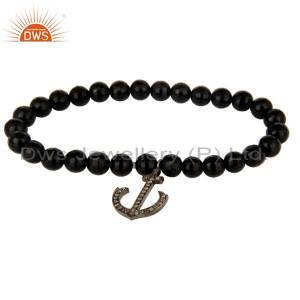 Black Onyx Beads Sterling Silver Pave Diamond Anchor Sign Charm Stretch Bracelet DWSDB0352SLDIXB