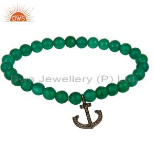925 Sterling Silver Pave Diamond Anchor Charms Green Onyx Beads Stretch Bracelet DWSDB0352SLDIXG