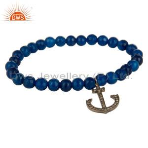Blue Onyx 925 Sterling Silver Pave Diamond Anchor Sign Charms Stretch Bracelet DWSDB0352SLDIXU