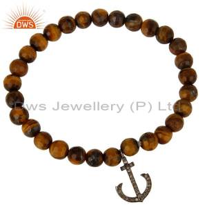 Tiger Eye Gemstone Sterling Silver Pave Diamond Anchor Stretch Bracelet DWSDB0352SLDIYT