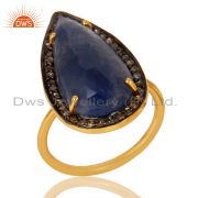 18K Gold Plated Sterling Silver Pave Diamond And Blue Sapphire Statement Ring