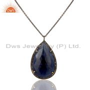 14K Yellow Gold Pave Diamond And Blue Sapphire Silver Pendant