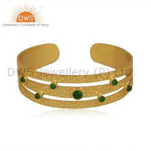 Matte Round Green Aventurine Gold Plated Brass Cuff