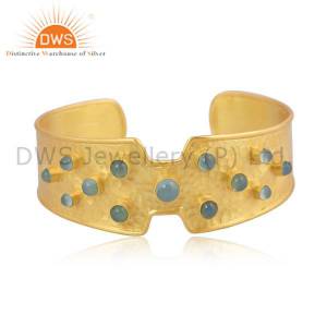 Round Aqua Chalcedony Brass Cuff