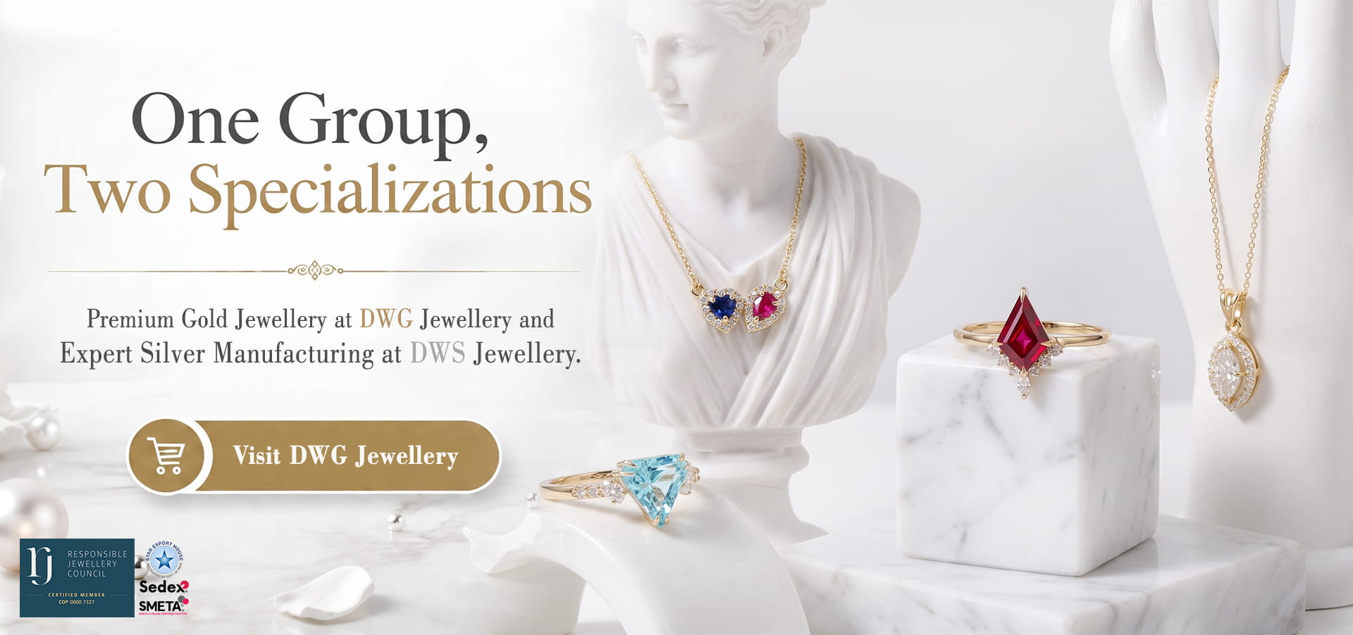 One Group, Two Specializations Premium Gold Jewellery at DWG Jewellery and Expert Silver Manufacturing at DWS Jewellery.