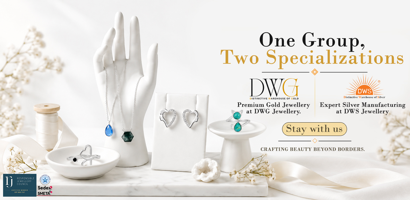 One Group, Two Specializations Premium Gold Jewellery at DWG Jewellery. Expert Silver Manufacturing at DWS Jewellery.