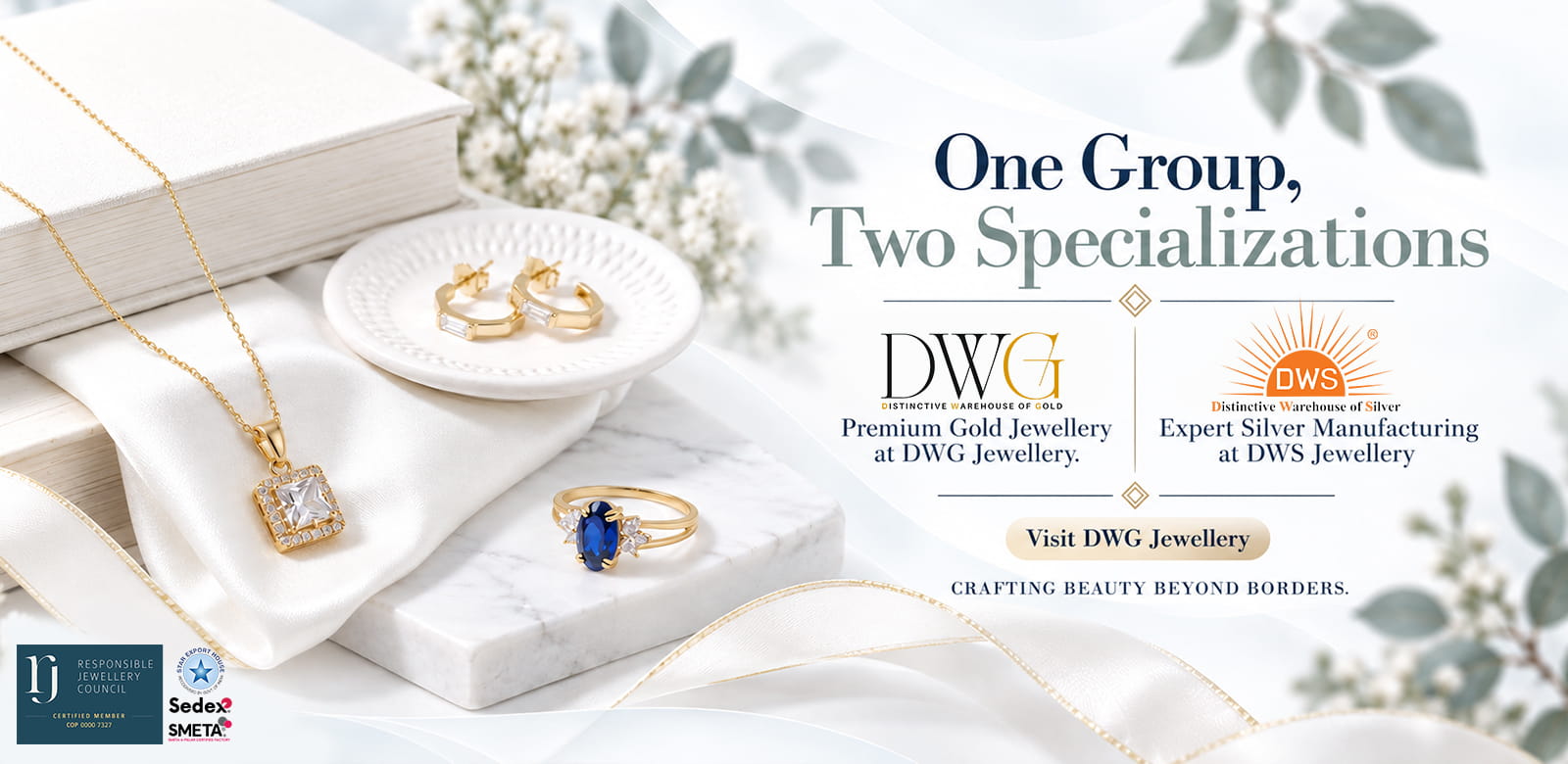 One Group, Two Specializations Premium Gold Jewellery at DWG Jewellery and Expert Silver Manufacturing at DWS Jewellery.