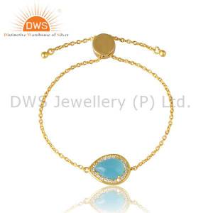 925 Sterling Silver Gold Vermeil In Aqua Chalcedony Bracelet