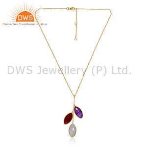 Multistone Leaf Pendant Necklace With Silver Gold Vermeil